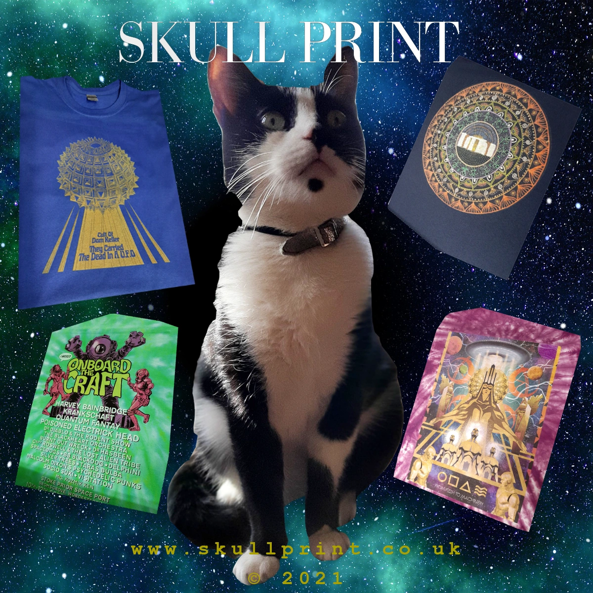 Skull Cat surrounded by his amazing t-shirts
