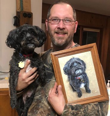 Nate holds his dog Cliff and the new painting completed December 2020. 7-1/2" x 10" Acrylic painting