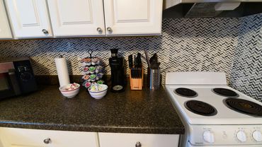Photo showing coffee station and other kitchen supplies in an Airbnb available in Waynoka, OK