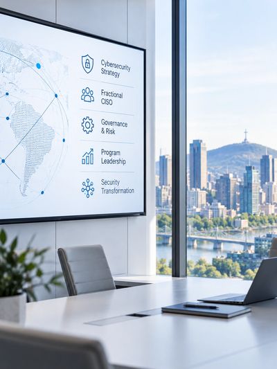 Modern office with cybersecurity strategy presentation and city view.