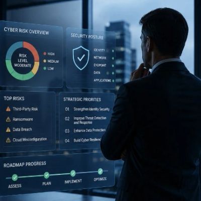 Man analyzing cyber risk data on transparent screen.