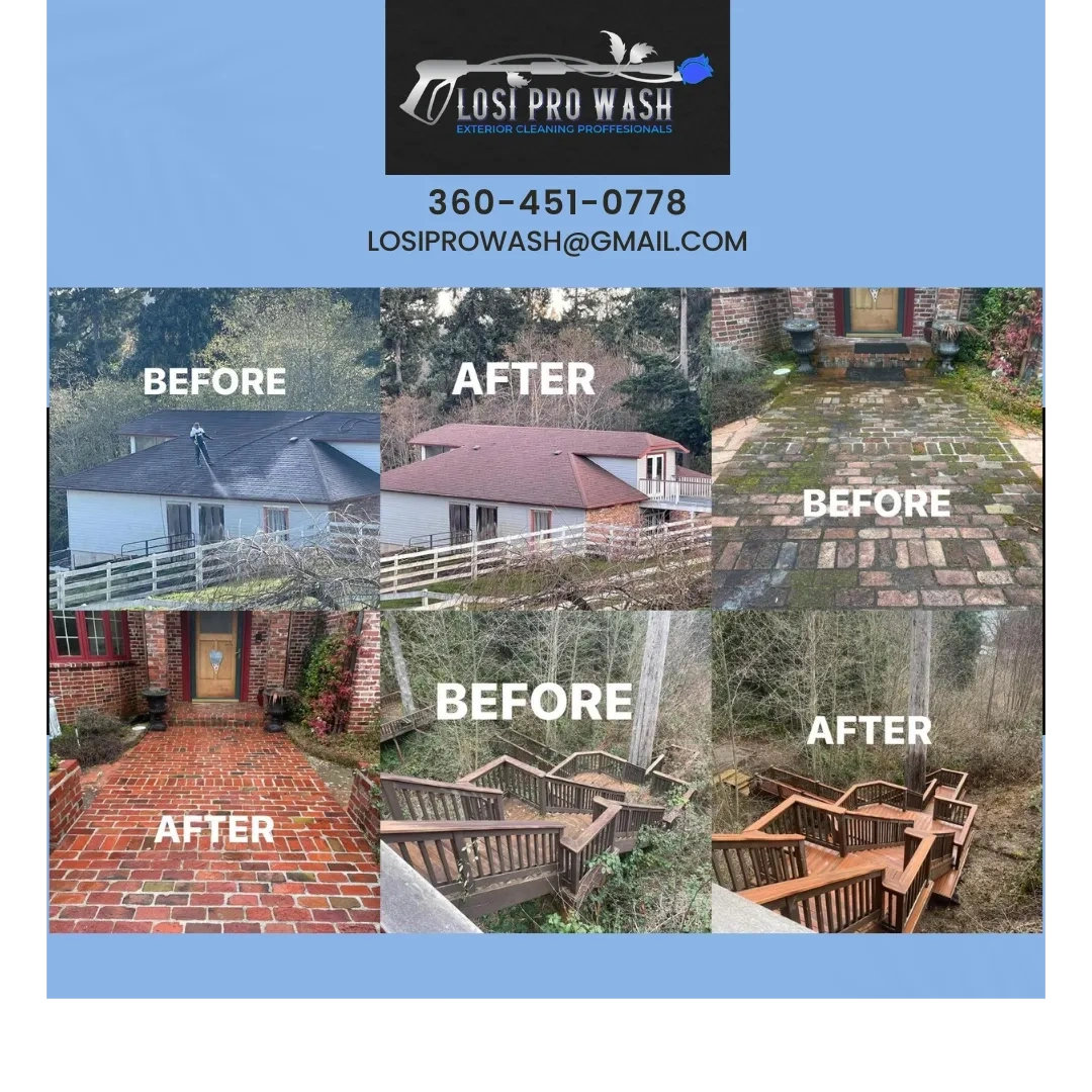 Power washing transforms roofs, patios, and decks with dramatic before and after results.
