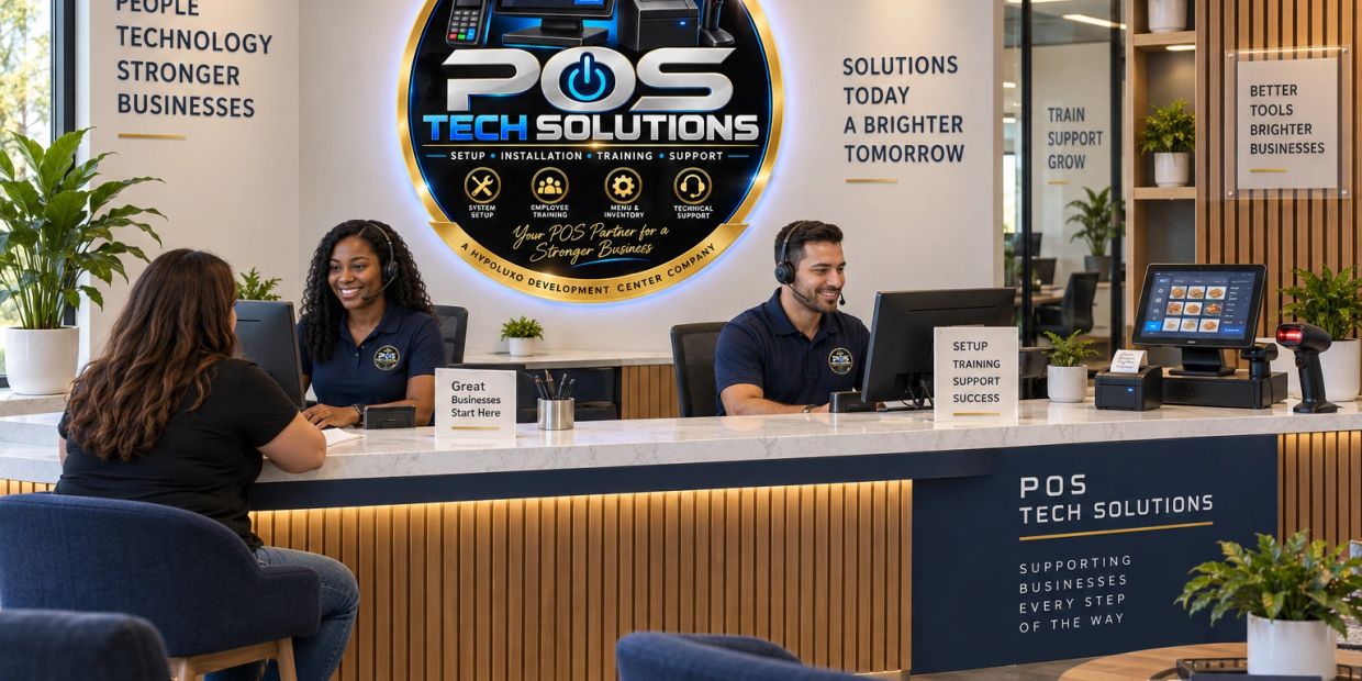 Reception desk with smiling staff assisting a customer at POS Tech Solutions.