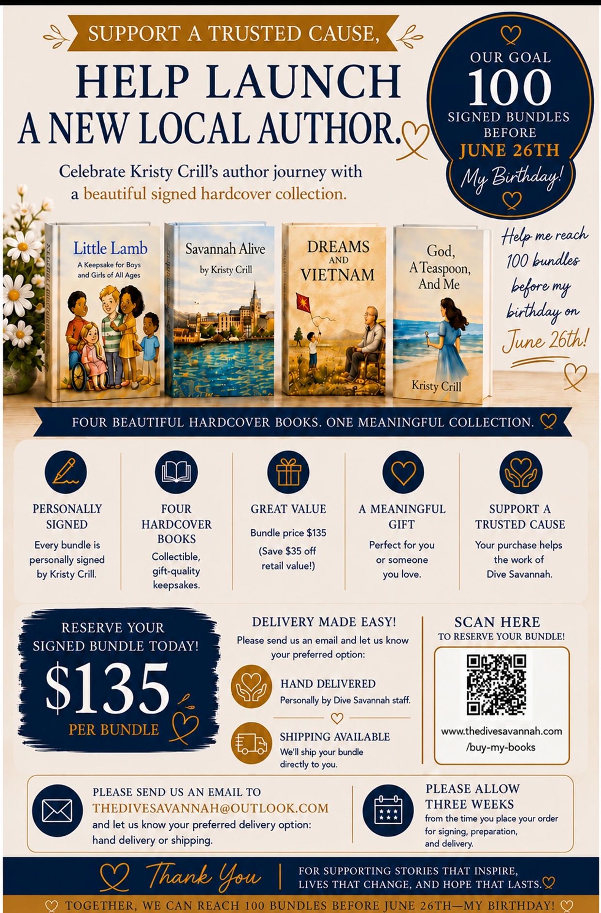 Support launching a new local author with signed hardcover book bundles for $135 each.
