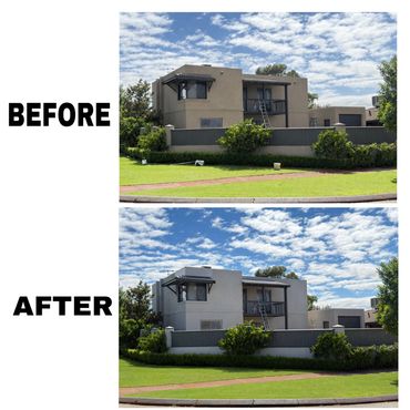Before and after photos of a house exterior with a freshly painted facade.