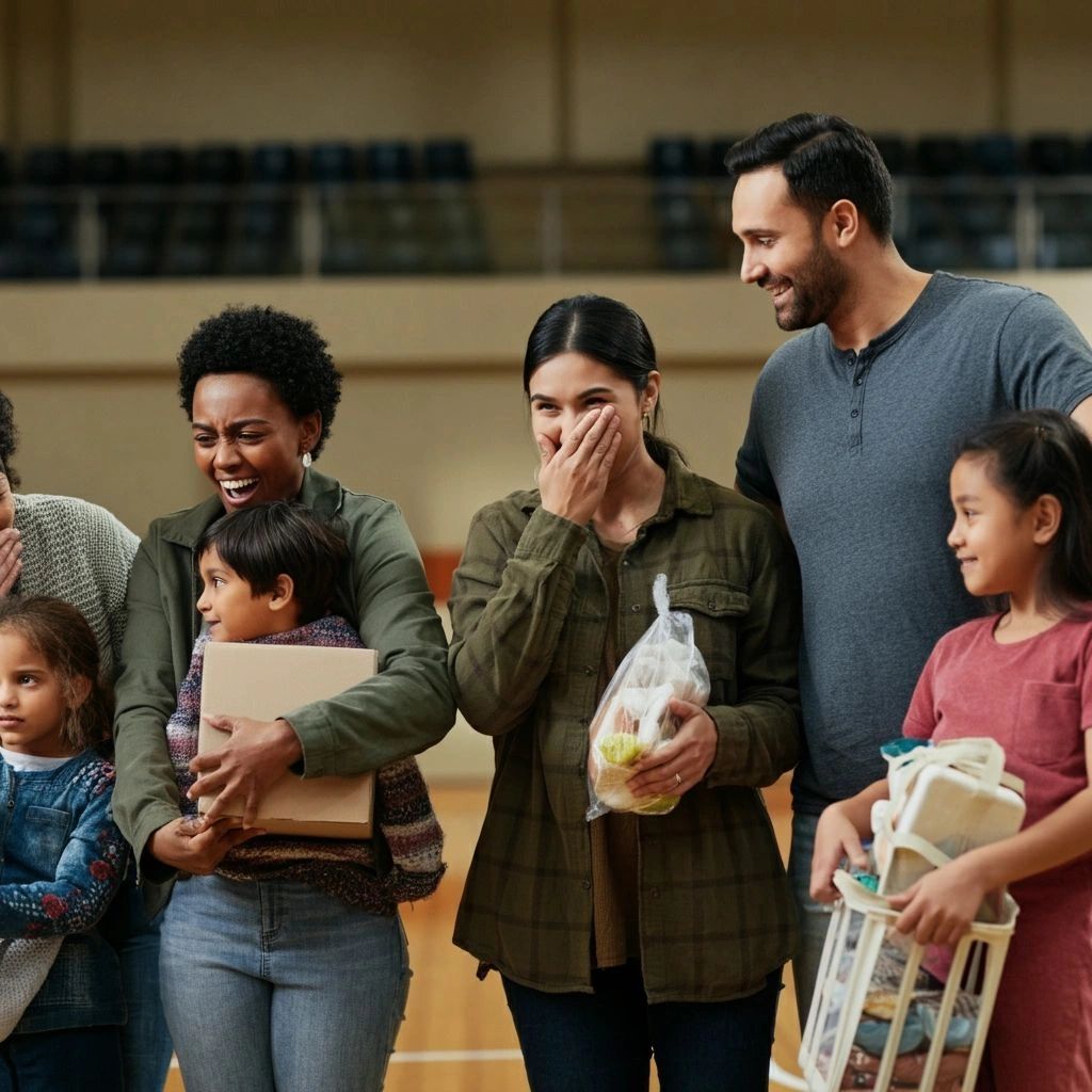 Adults and kids shocked and happy they are recieving gifts