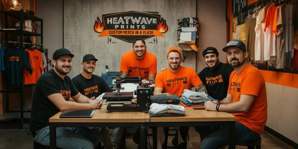 Team of six men in a custom merch print shop, smiling around a table with printing equipment.