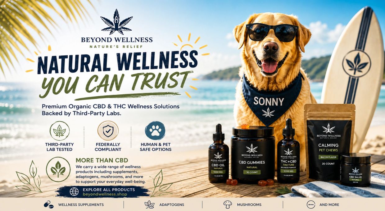 Sonny with wellness products on beach promoting organic CBD solutions.