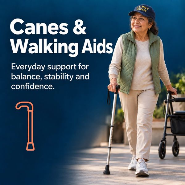 Elderly woman using cane and walker for balance and confidence.