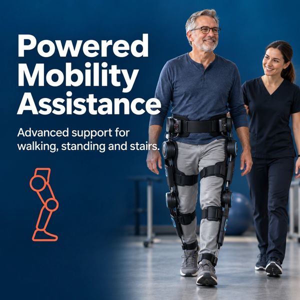 Man using powered mobility assistance device with a caregiver.