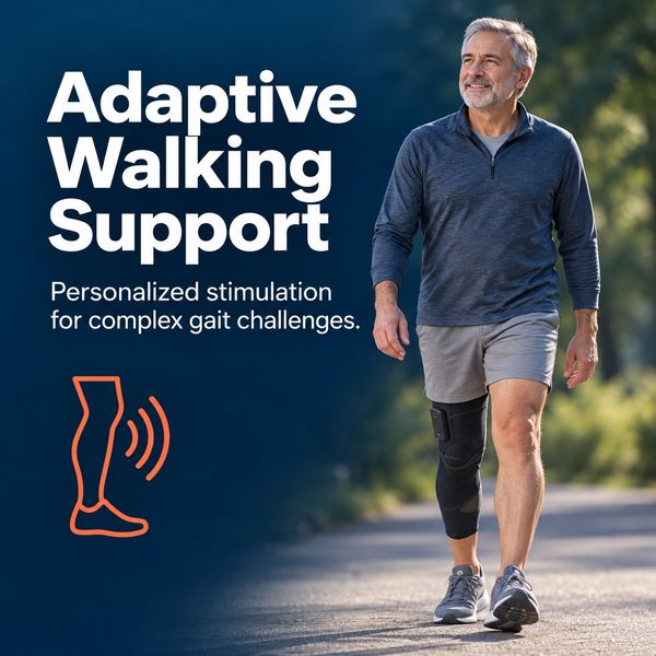 Man walking with adaptive knee support device.