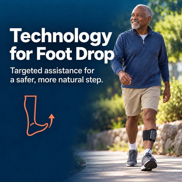 Man using technology for foot drop walking outdoors.