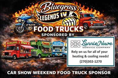 Bluegrass Legends IV Food Trucks event with sponsors and food trucks lineup.