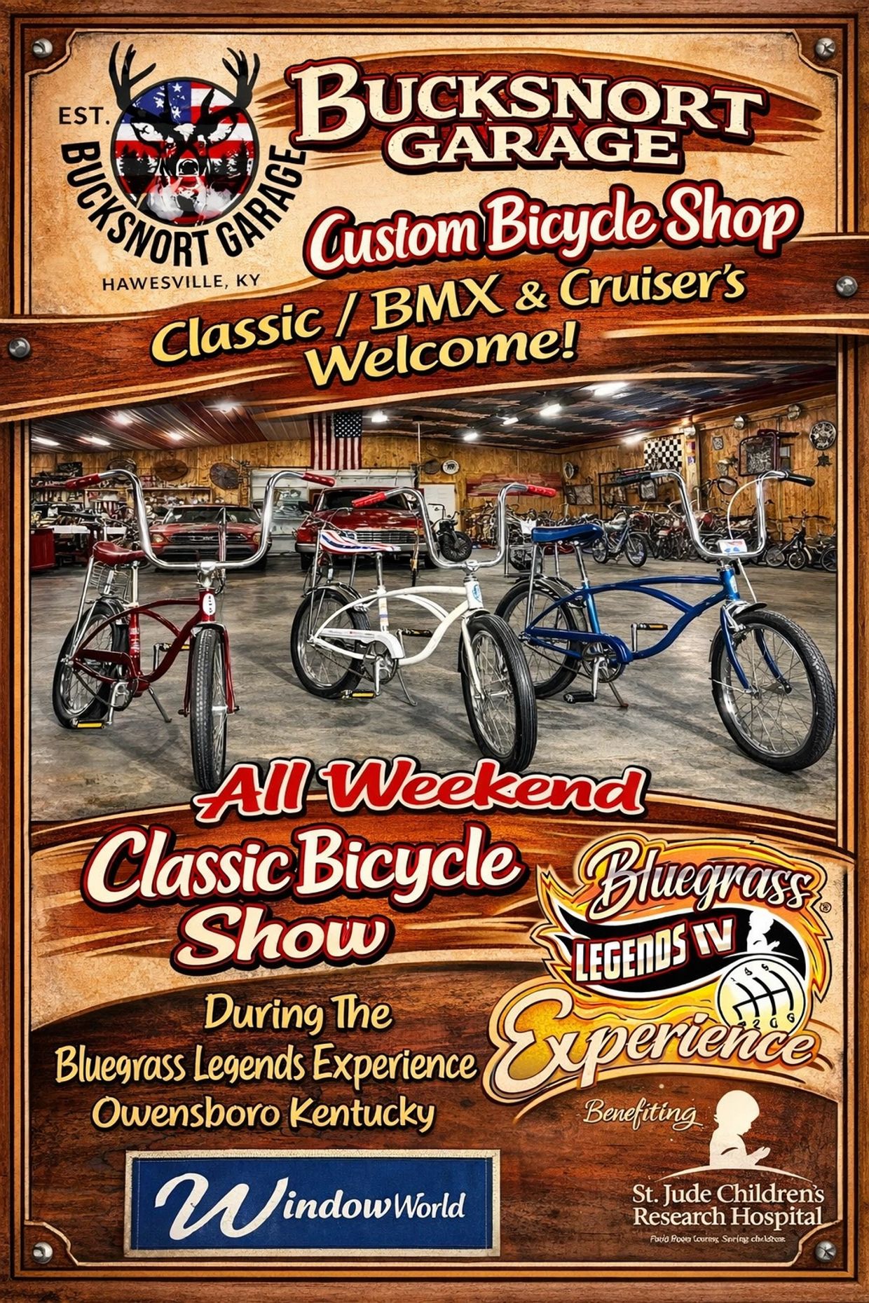 Vintage bike show at Bucksnort Garage during Bluegrass Legends event in Owensboro, KY.