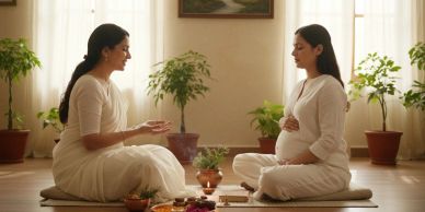 Two women practicing meditation in a serene, plant-filled room.