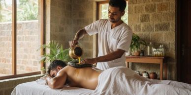Man receiving a traditional oil massage in a serene spa setting.