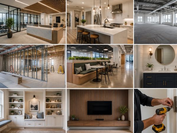 Collage of modern interior spaces showing office, kitchen, construction, and home decor.