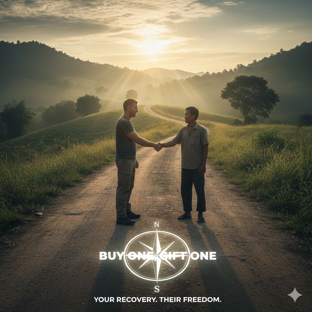 Two men shaking hands on a countryside path at sunrise, symbolizing connection and hope.
