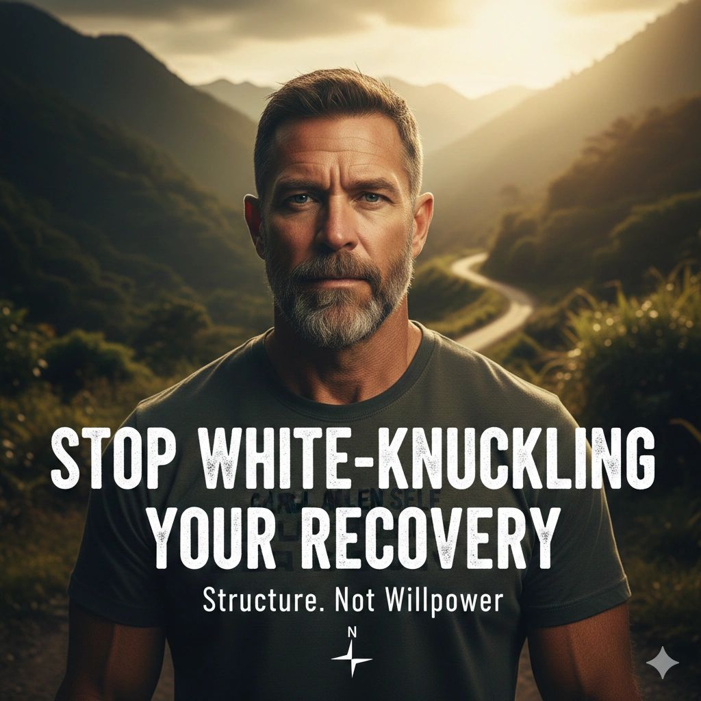 Man with beard in nature urges structured recovery over willpower.