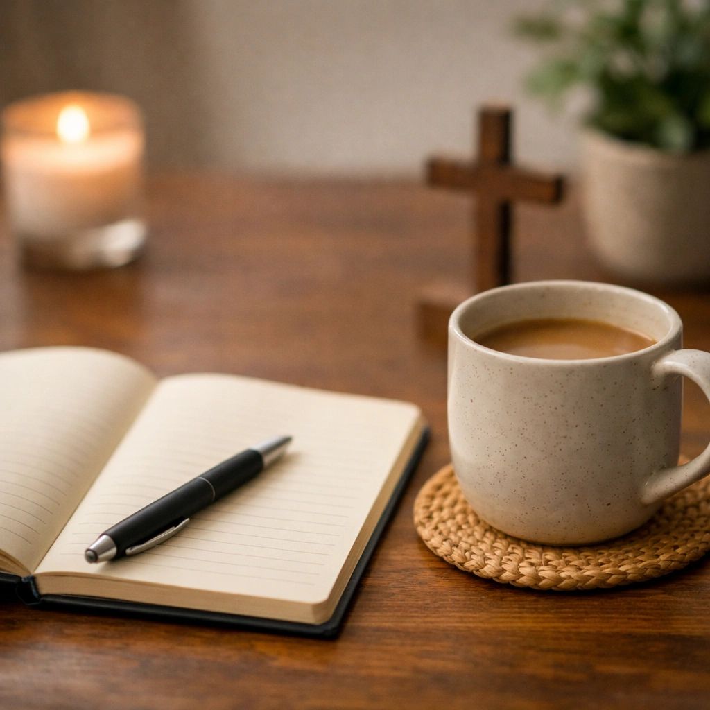 Cozy scene with a coffee mug, open notebook, pen, candle, and wooden cross on a table.