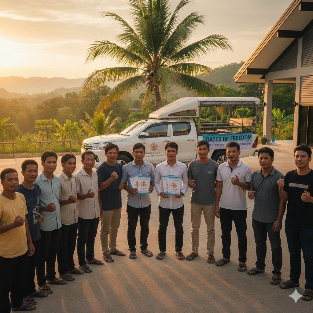 Group of men standing outdoors with certificates and a vehicle in the background at sunset.