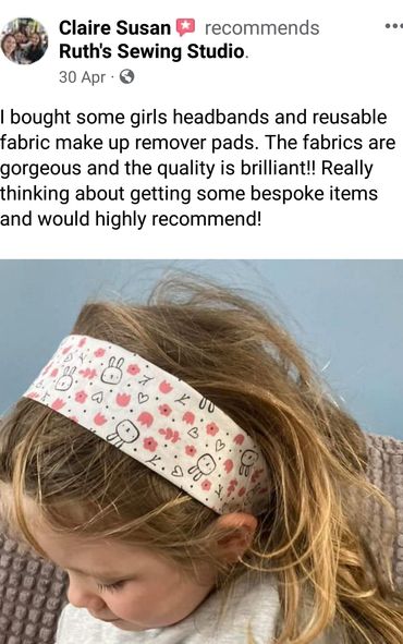 Picture of review recommending Ruth's Sewing Studio. Include photo of a girl wearing a headband.