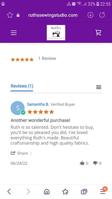 Five star review by Samantha B for Ruth's Sewing Studio