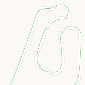 A simplified map of a racing circuit with green and purple outlines.