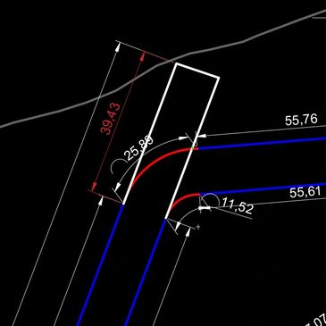 Technical drawing showing angular and linear measurements of intersecting lines.