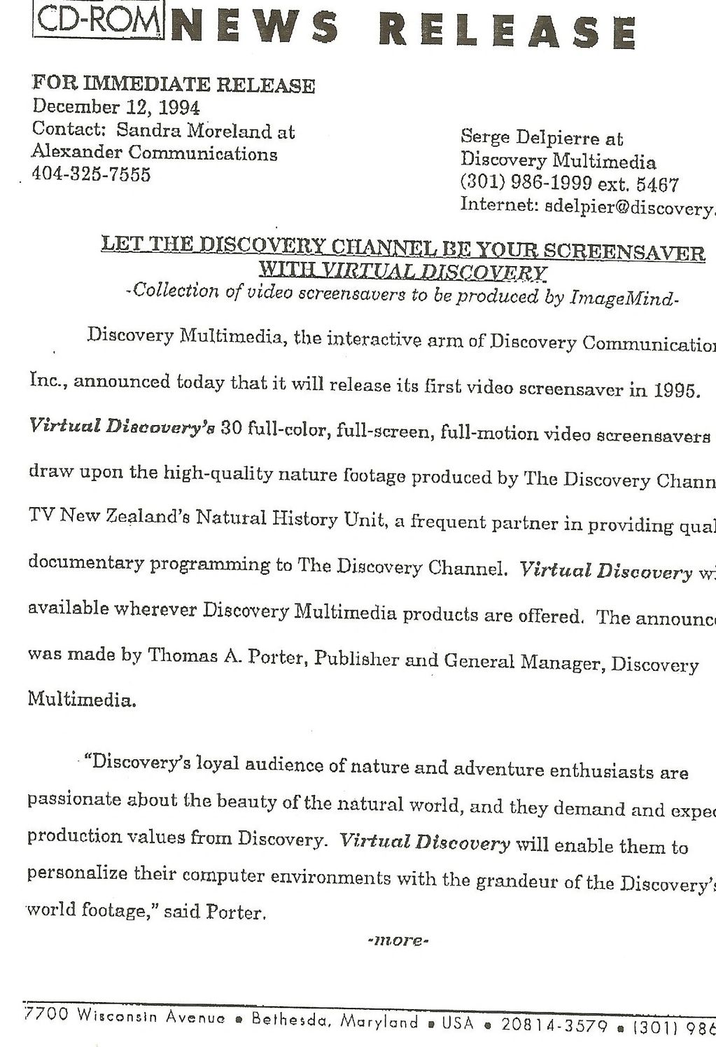 December 12, 1994. Discovery Channel's press release announcing Great Moments of Discovery Full Scre