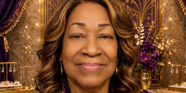 Lady smiling with a beautiful purple and gold background