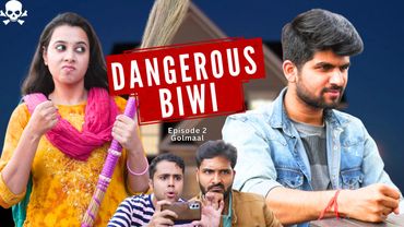 A comedic poster of "Dangerous Biwi" Episode 2 featuring four characters, with a woman holding a broom and two men reacting.