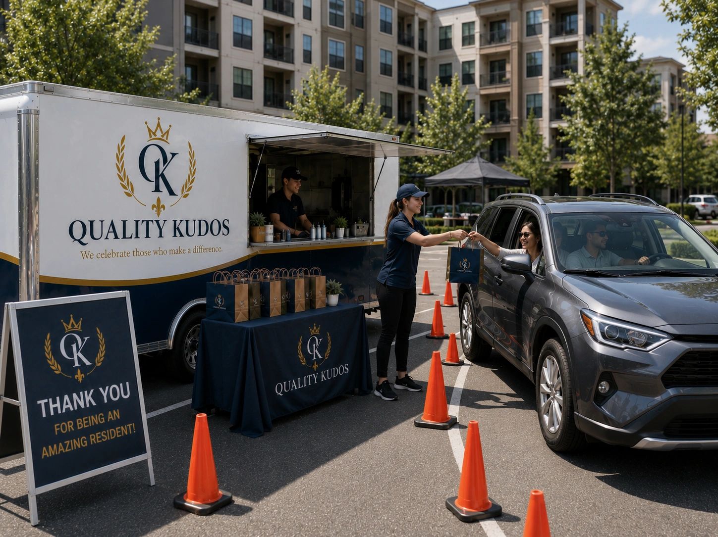Drive-thru gift distribution at Quality Kudos event.