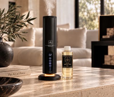 Sleek black aroma diffuser with essential oil on a marble table.