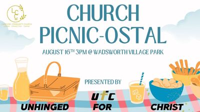 Church picnic event poster with food and drinks.