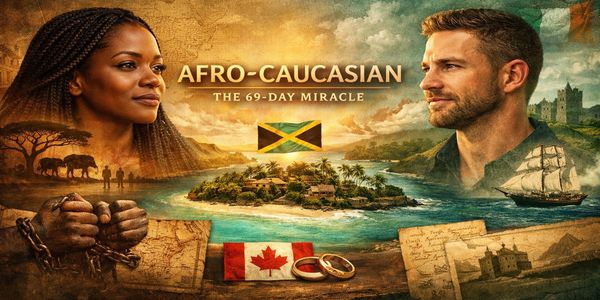 Promotional poster of 'Afro-Caucasian: The 69-Day Miracle' featuring diverse characters, flags, and symbolic imagery.