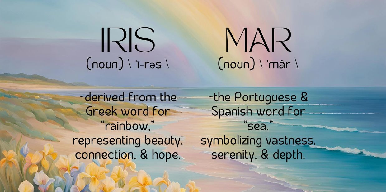 From the sky is a rainbow touching the sea whose waves are crashing onto a sandy beach shore