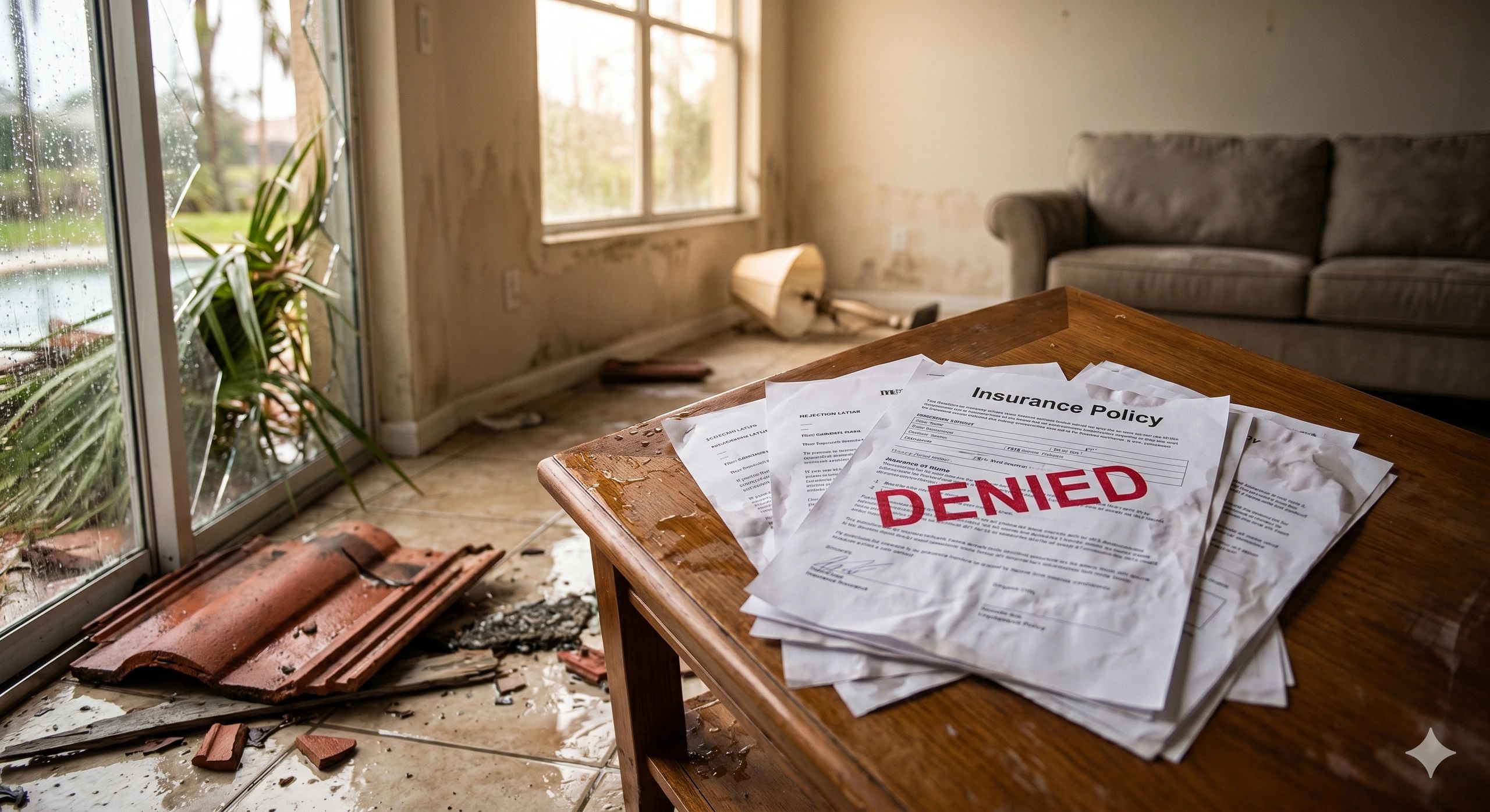 Damaged home with denied insurance policy papers on a table.