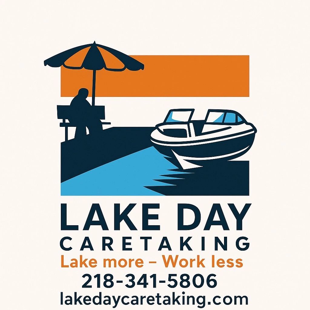 Logo for Lake Day Caretaking with a person, boat, and umbrella illustration.