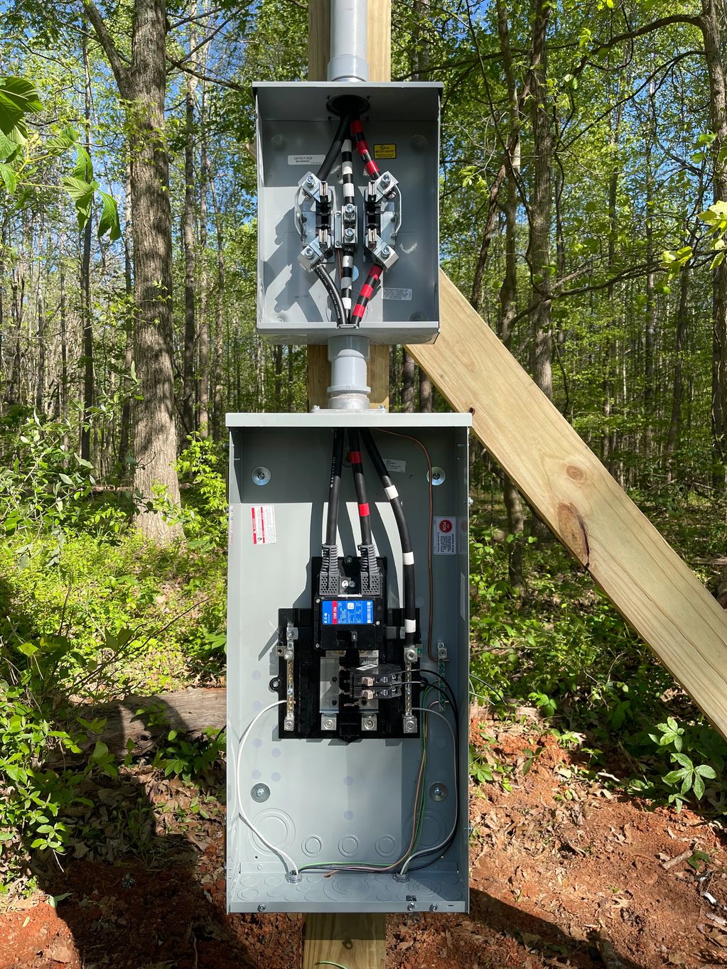 Photo of a temporary power pole with a meter-base and load-center.