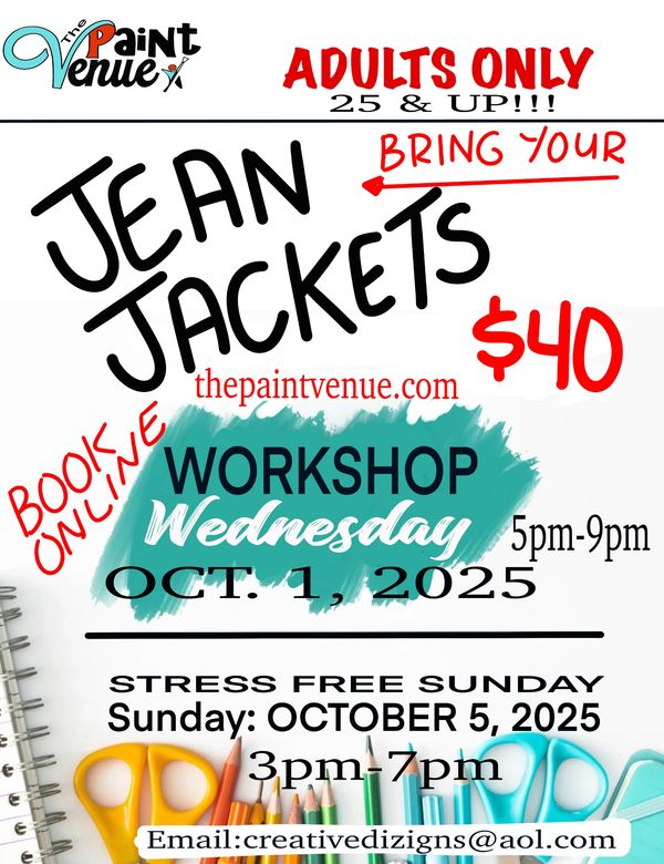 Jean Jackets workshop for adults 25+ on Oct 1, 2025, $40, bring your jackets.