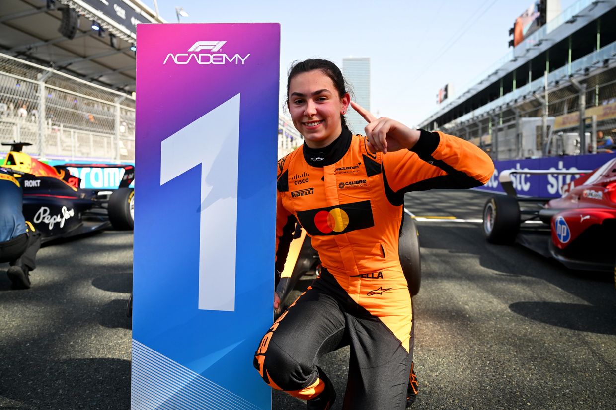 F1 Academy winner celebrating first place.