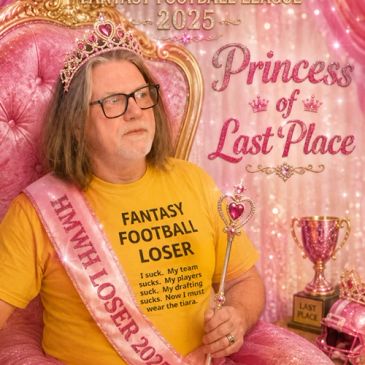 Man wearing a crown and sash as 'Princess of Last Place' in fantasy football league.