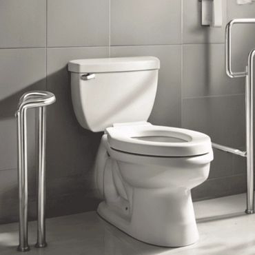 toilet with grab bar and elevated toilet seat