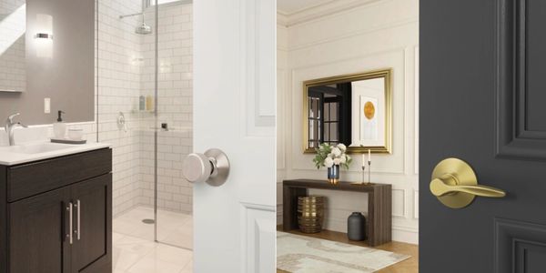 Two interior doors with different styles and hardware, one leading to a bathroom, the other to a decorated hallway.