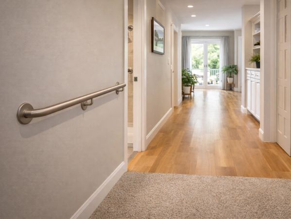 Bright hallway with wooden floor, handrail, and plants near glass doors.