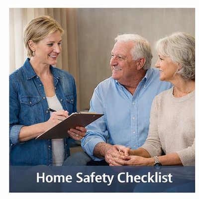 Woman discussing home safety checklist with elderly couple.