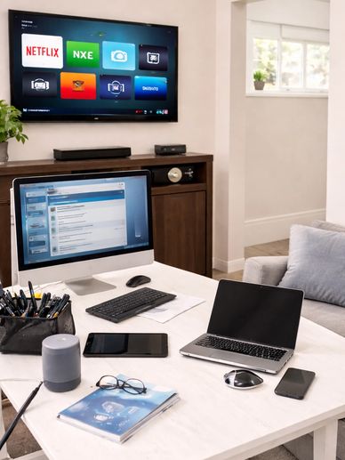 Modern workspace with computer, laptop, tablet, and TV displaying apps.