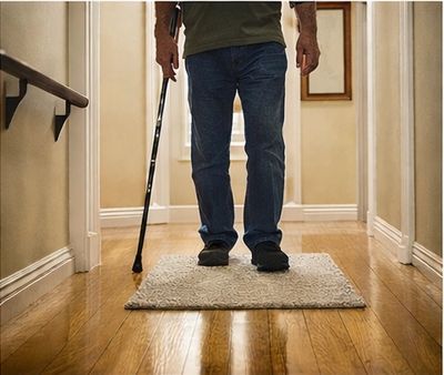 Person using a cane standing on a small rug in a hallway.