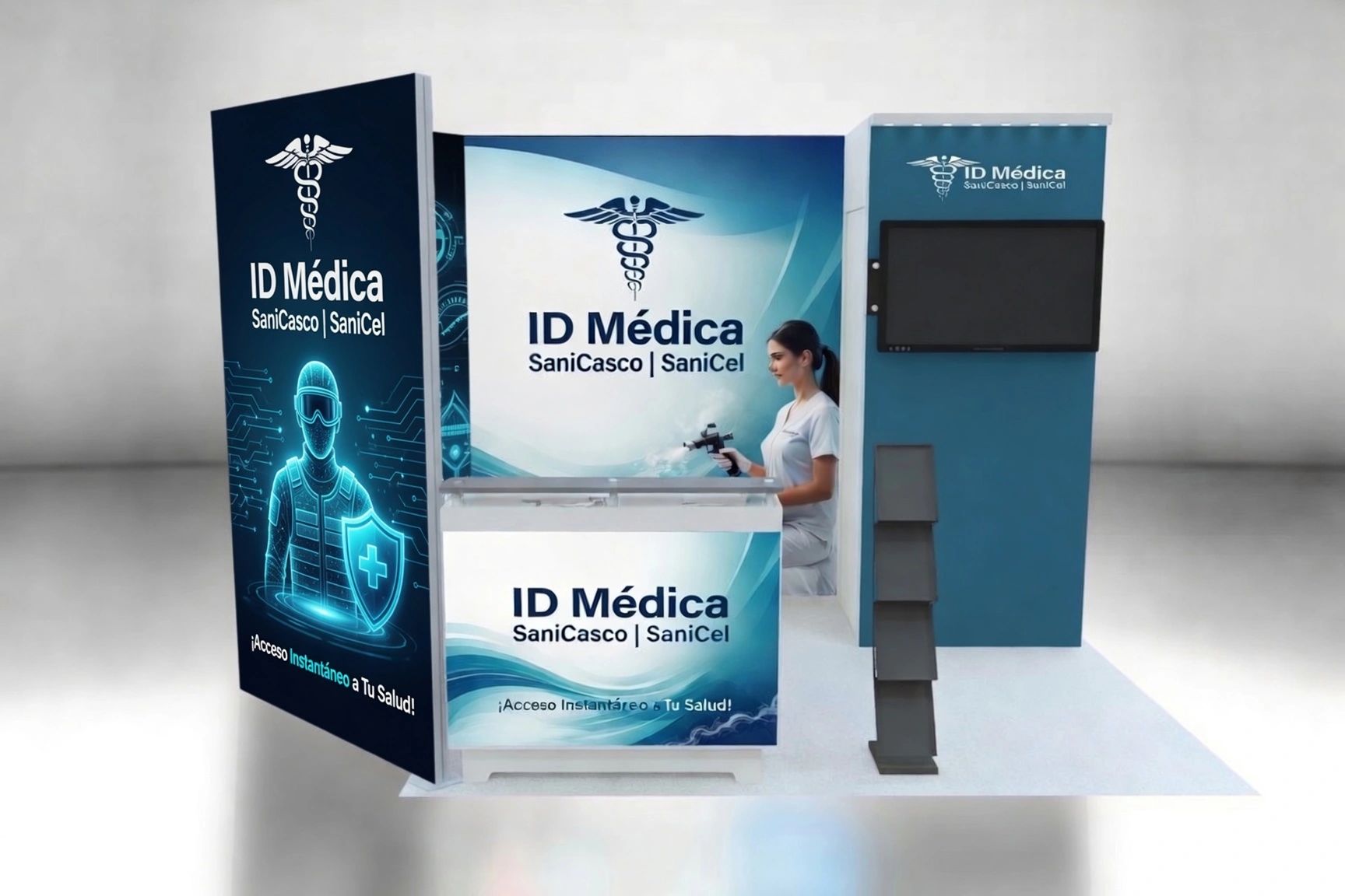 Medical booth for ID Médica promoting health access with a digital display and brochure stand.